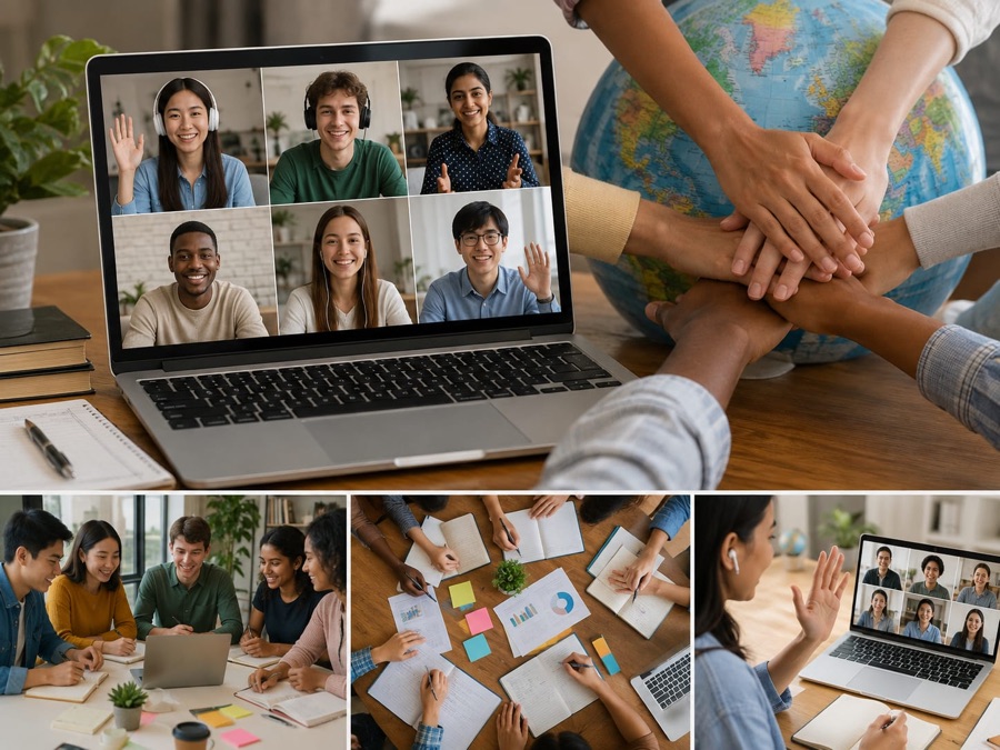 Global classroom, international peers collaborating online with hands united over a globe